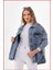 Kadın Mavi Cepli Etnik Mevsimlik Düğmeli Uzun Denim Nakışlı Kot Ceket 3