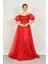 Kadın Balon Kol Askılı Pul Payetli Tül Uzun Abiye Elbise 3488 Kırmızı 3