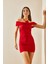 Kırmızı Kayık Yaka Gül Detaylı & Drapeli Mini Elbise 5YXK6-48352-04 4