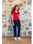 Kadın Kırmızı Baskı Detaylı V Yaka T-Shirt Pijama Takımı 24Y4015 1