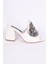 K1021249 Deri Ince Taban Yüksek Topuklu Önü Taş Aksesuarlı Beyaz Günlük Kadın Terlik 1