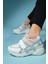 Berge Beyaz Bej Kadın Cırtlı Dolgu Taban Spor Sneakers 4