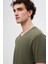 Slim Fit Haki V Yaka %100 Pamuk T-shirt 4HC141996755M 3
