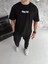 Unisex Bisiklet Yaka Baskılı Oversize T-Shirt - Siyah 1