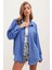 Kadın Mavi Tek Cepli Oversize Keten Ayrobin Gömlek HZL24S-BD1201531 1