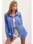 Kadın Mavi Tek Cepli Oversize Keten Ayrobin Gömlek HZL24S-BD1201531 2
