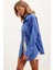 Kadın Mavi Tek Cepli Oversize Keten Ayrobin Gömlek HZL24S-BD1201531 3