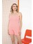 Kadın Pudra Geniş Yaka Ip Askılı Ribana Mini Cepli Şortlu Pamuklu Pijama Takımı 1