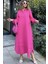 Kadın Fuşya Hakim Yaka Lastikli Balon Kol Etek Ve Kolu Kat Kumaş Dikişli Uzun Salaş Elbise 4