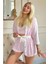 Toz Pembe Çizgi Desenli Bambu Crop Sabahlıklı Şortlu Pijama 1