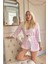 Toz Pembe Çizgi Desenli Bambu Crop Sabahlıklı Şortlu Pijama 4