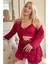 Bordo Mini Stars Desenli Bambu Crop Sabahlıklı Şortlu Kadın Pijama Takımı 1