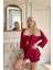 Bordo Mini Stars Desenli Bambu Crop Sabahlıklı Şortlu Kadın Pijama Takımı 3