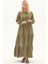 Uzun Kol Haki Düğmeli Yazlık Uzun Müslin Elbise 2