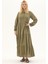 Uzun Kol Haki Düğmeli Yazlık Uzun Müslin Elbise 3