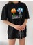 Kadın Bisiklet Yaka Baskılı Oversize T-Shirt - Siyah 2