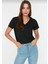 Süper Kalite Siyah V-Yaka Kadın Basic Tişört Örme Pamuk Penye T-Shirt 1