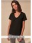 Süper Kalite Siyah V-Yaka Kadın Basic Tişört Örme Pamuk Penye T-Shirt 3