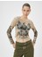 Crop Tül Tişört Uzun Kollu Baskılı Bisiklet Yaka Slim Fit 3