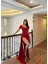 Stone Drape Yaka Yırtmaç Detay Kuyruklu Abiye 582553 Kırmızı 1
