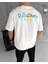 Unisex Bisiklet Yaka Baskılı Oversize T-Shirt - Beyaz 2
