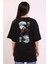 Unisex Bisiklet Yaka Baskılı Oversize T-Shirt - Siyah 2