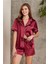 Saten Biyeli Pijama Şort Takımı Bordo 1205 1