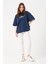 Unisex Lacivert Bisiklet Yaka Baskılı Oversize T-Shirt 1