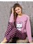 Kadın Pembe Sıfır Yaka Uzun Kol Likralı Kedi Desenli Kadın Pijama Takımı K803-151 1