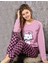 Kadın Pembe Sıfır Yaka Uzun Kol Likralı Kedi Desenli Kadın Pijama Takımı K803-151 1