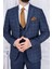 Erkek Slim Fit Sivri Yaka Ekose Yelekli Koyu Mavi Kombin Takım Elbise 2