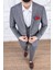 Erkek Slim Fit Sivri Yaka Ekose Yelekli Açık Gri Kombin Takım Elbise 3