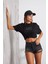You Are Happy Stop Making Drama Taşlı Oversize Siyah Kadın T-Shirt 1