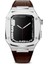 Apple Watch Seri Uyumlu Kordon Çelik Kasa & Deri Stainless Luxury Kayış, Kahverengi-Gümüş 2