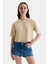 Helena Kahve Bisiklet Yaka Oversize Crop Nakışlı Oversize Kadın Tshirt 1