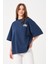 Lacivert Bisiklet Yaka Owut Baskı Detaylı Oversize T-Shirt 4