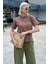 Kahverengi Bisiklet Yaka Basic Kadın T-Shirt Mg2075 2