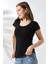 Arkası Çapraz Biye Detaylı U Yaka Penye Kompakt Likralı Kısa Kol T-Shirt 21218 Siyah 2