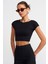 Kadın Siyah Bisiklet Yaka Düşük Kol Full Likra Ribana Crop Tişört 1