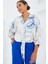 Kadın Oversize Dökümlü Crop Saten Gömlek 906 - Mavi 2