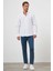 Erkek Beyaz Keten Düz Desen Düğmeli Yaka Slim Fit Gömlek 4