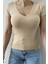 V Yaka Modal Karışımlı Bej Basic T-Shirt 1