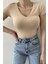 V Yaka Modal Karışımlı Bej Basic T-Shirt 2