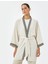 Keten Viskon Karışımlı Oversize Kimono Geniş 3/4 Kol Desenli Kemer Detaylı 3
