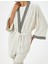 Keten Viskon Karışımlı Oversize Kimono Geniş 3/4 Kol Desenli Kemer Detaylı 5
