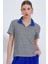 Kadın Saks Polo Yaka Fermuarlı Çizgili Tişört 0497 1