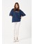 Kadın Bisiklet Yaka Baskılı Oversize T-Shirt 2