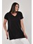 Büyük Beden V Yaka Yırtmaçlı Pamuk Basic Tshirt-Siyah 4