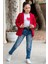 Kız Çocuk Kalp ve Little Baskılı Tişört ve Jean Kırmızı Blazer Ceket Alt Üst Takım 3