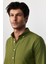 Slim Fit Uzun Kollu Biyeli Yaka Düğmeli Keten Haki Erkek Gömlek 2